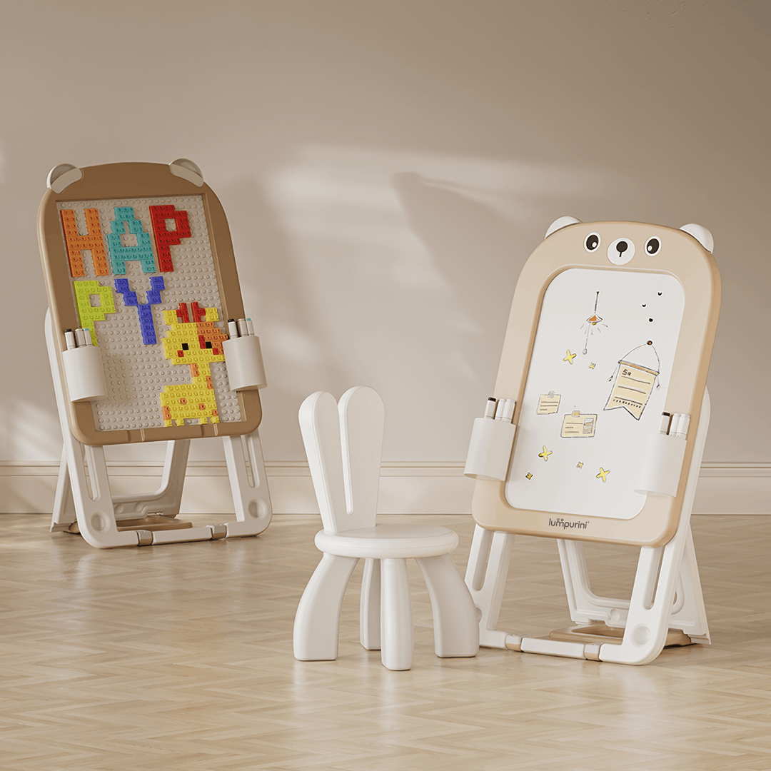 3-IN-1 DOUBLE-SIDED MAGNETIC EDUCATIONAL BOARD – DRAWING + BUILDING BLOCKS + CHAIR