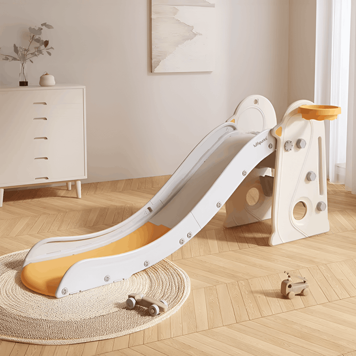 KIDS' SLIDE WITH BASKETBALL HOOP: STURDY, LONG, FOLDABLE PLAY SET