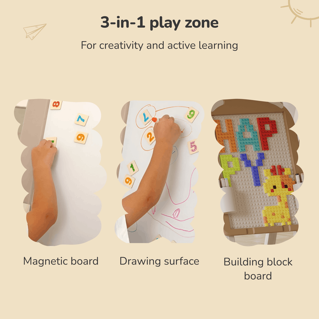 3-IN-1 DOUBLE-SIDED MAGNETIC EDUCATIONAL KIDS BOARD – DRAWING + BUILDING BLOCKS