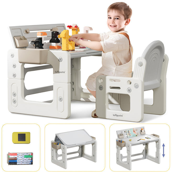 4-IN-1 KIDS' TABLE & CHAIR SET: CONVERTIBLE DESK, ART EASEL, AND BUILDING BLOCK BOARD