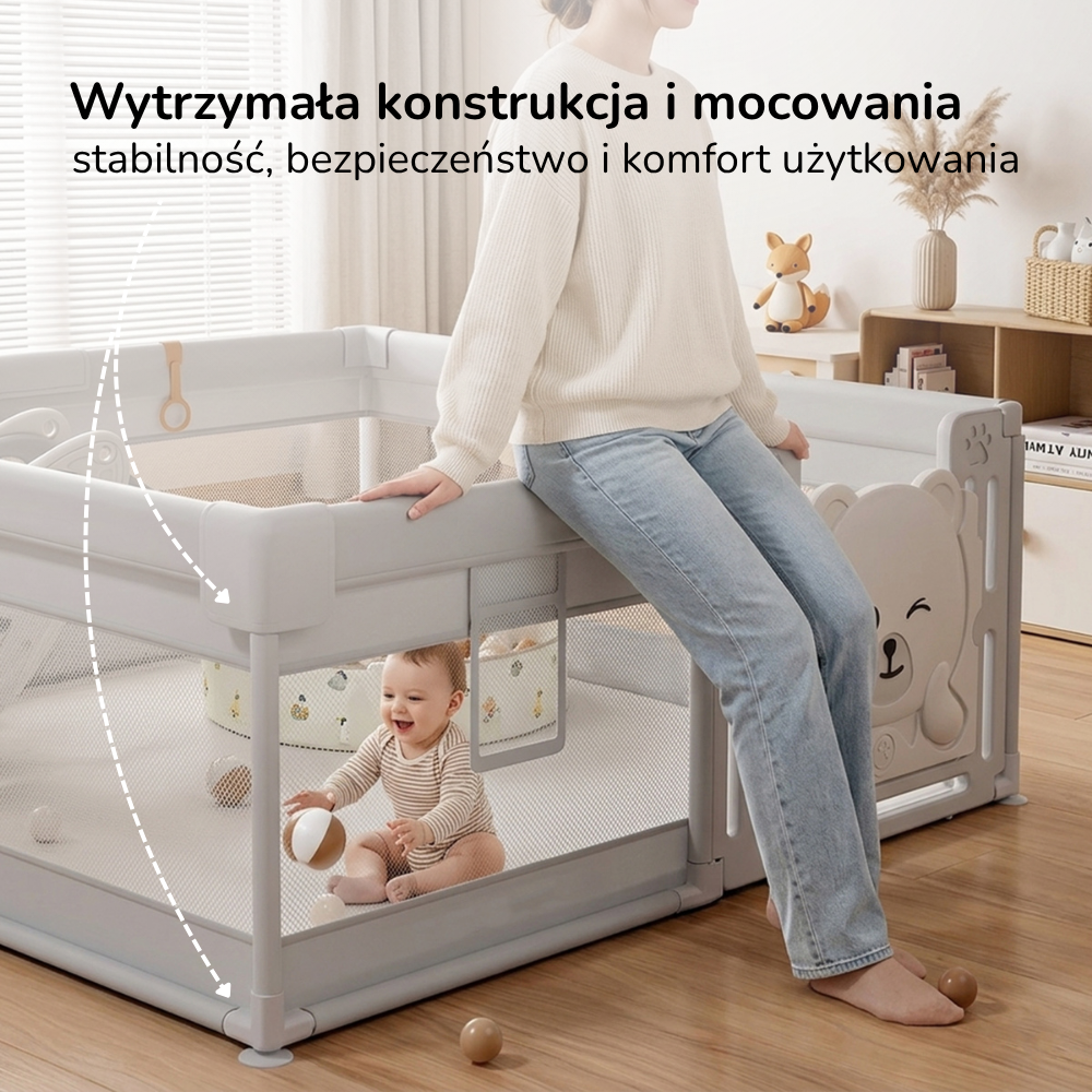 Kojec dla dziecka 150x180 Lumpurini Tindario L – duży plac zabaw z drzwiczkami i kieszenią na zabawki