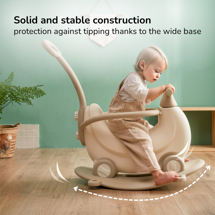 KIDS’ ROCKING HORSE RIDE-ON – ROCKER WITH WHEELS, SAFETY RAILS & PUSH HANDLE