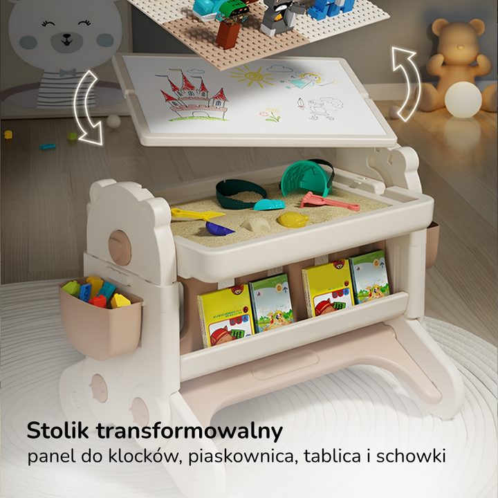 Stolik edukacyjny dla dzieci z krzesełkiem 7w1 Lumpurini Olimpia – interaktywny, z tablicą, klockami i piaskownicą