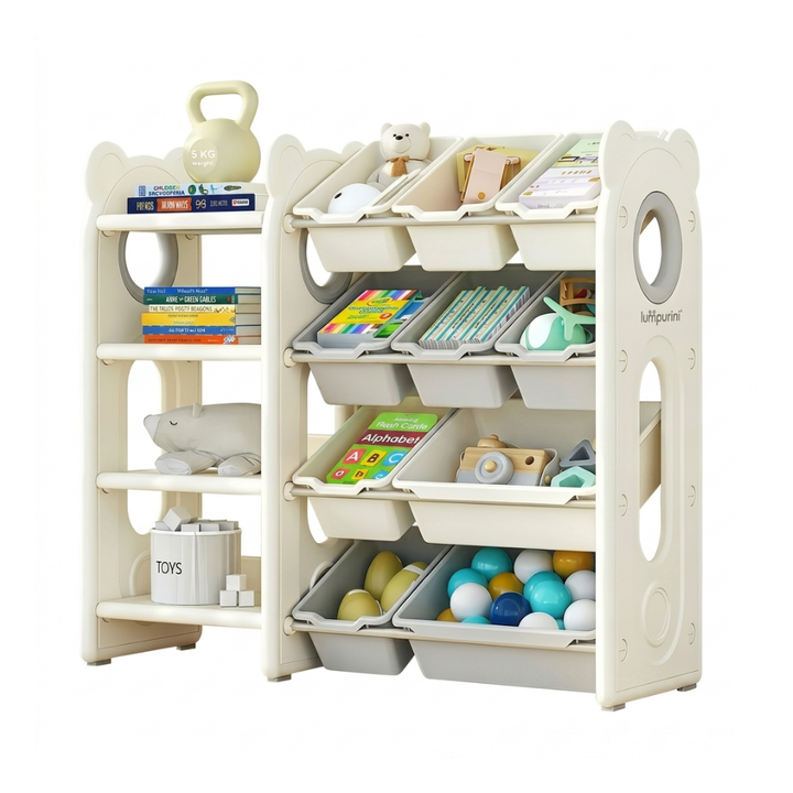 CHILDREN'S STORAGE RACK WITH PLASTIC BINS – LARGE TOY ORGANIZER – KIDS FURNITURE