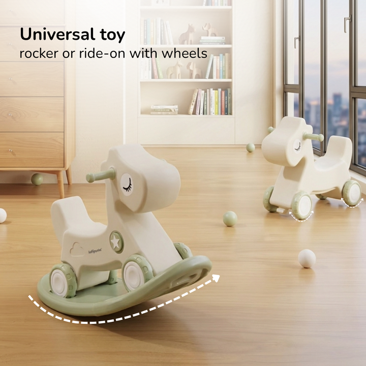 3-IN-1 KIDS' ROCKING HORSE RIDE-ON – ROCKER WITH 12 CM WHEELS, PUSH HANDLE & SOUND BUTTON