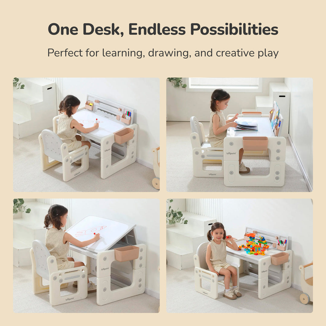 4-IN-1 KIDS' TABLE & CHAIR SET: CONVERTIBLE DESK, ART EASEL, AND BUILDING BLOCK BOARD