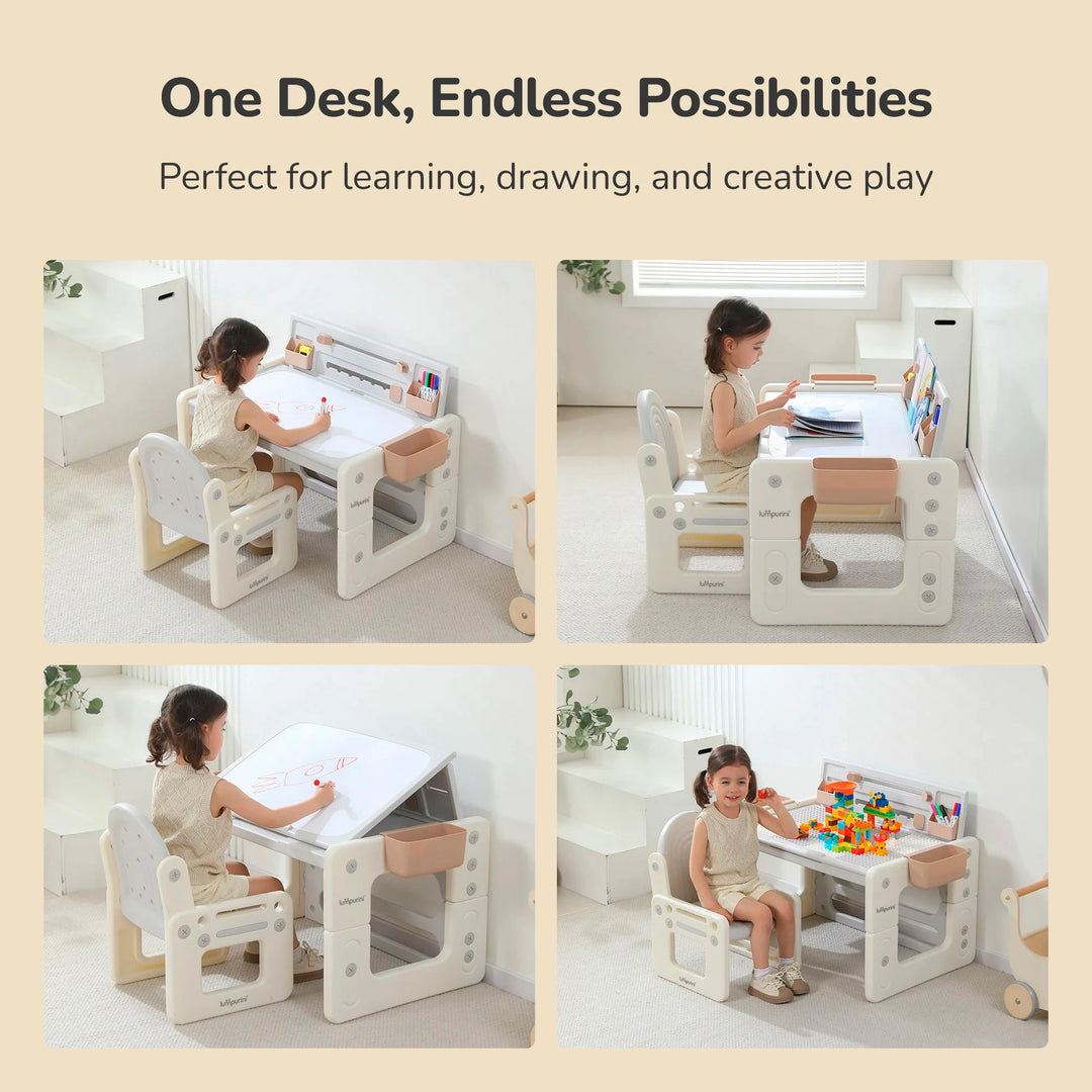 4-IN-1 KIDS' TABLE & CHAIR SET: CONVERTIBLE DESK, ART EASEL, AND BUILDING BLOCK BOARD