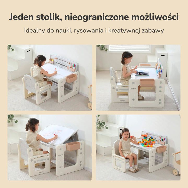 ZESTAW STOLIK I KRZESŁO DLA DZIECI 4W1 DESKA DO MALOWANIA KLOCKÓW ORGANIZER