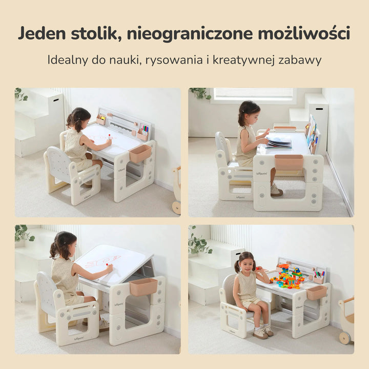 Stolik z krzesełkiem dla dzieci 4w1 Lumpurini Artemisio – biurko regulowane, sztaluga i tablica
