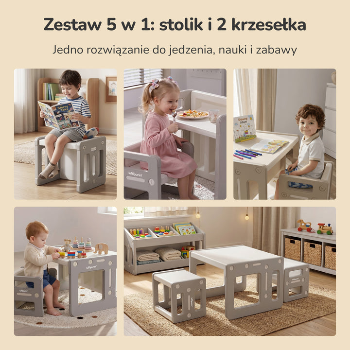 Stolik i dwa krzesełka dla dzieci 5w1 Lumpurini Dafne Duo – zestaw transformer do nauki i zabawy