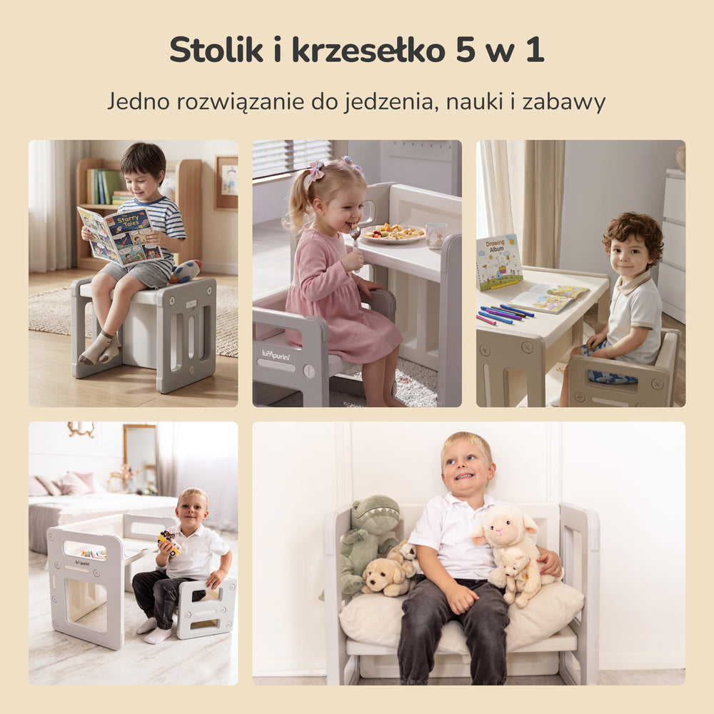 Stolik i dwa krzesełka dla dzieci 5w1 Lumpurini Dafne Duo – zestaw transformer do nauki i zabawy