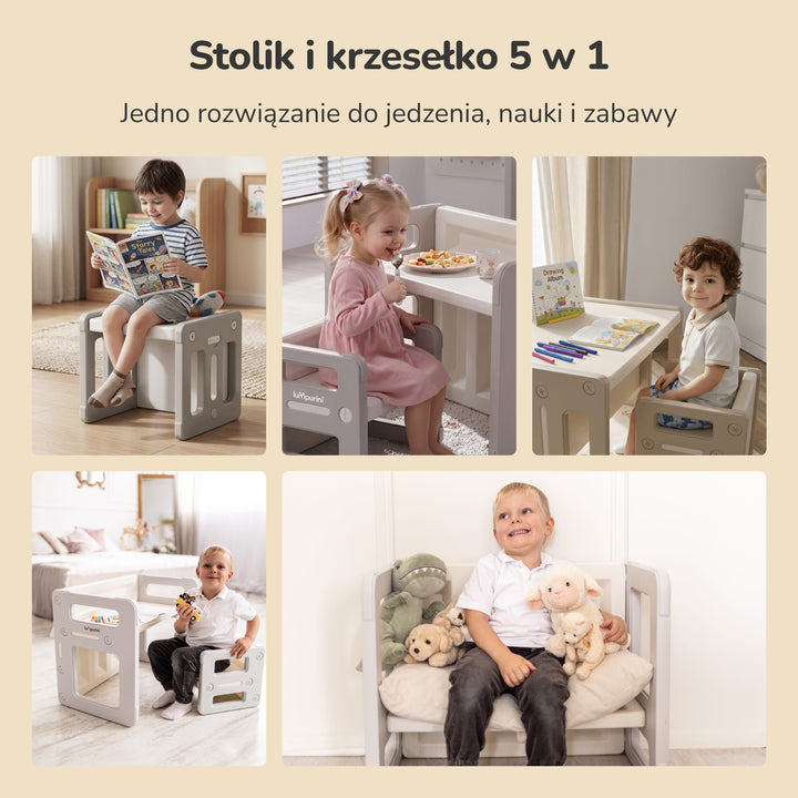 Stolik i dwa krzesełka dla dzieci 5w1 Lumpurini Dafne Duo – zestaw transformer do nauki i zabawy