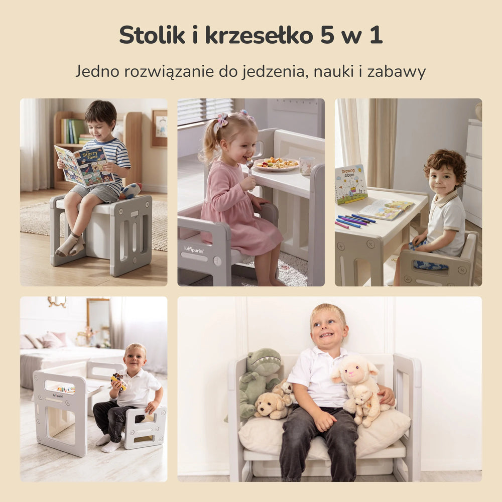 Stolik i krzesełko dla dzieci 5w1 Lumpurini Dafne Uno – zestaw transformer do nauki i zabawy