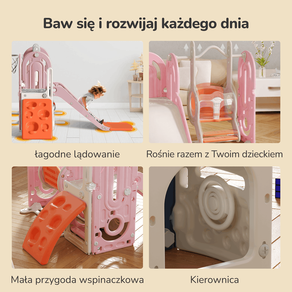 PLAC ZABAW DOMOWY DLA DZIECI 5W1 HUSTAWKA, ZJEŻDŻALNIA, KOSZ, WSPINACZKA
