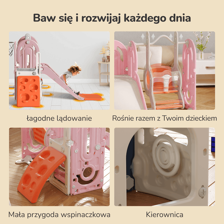 PLAC ZABAW DOMOWY DLA DZIECI 5W1 HUSTAWKA, ZJEŻDŻALNIA, KOSZ, WSPINACZKA