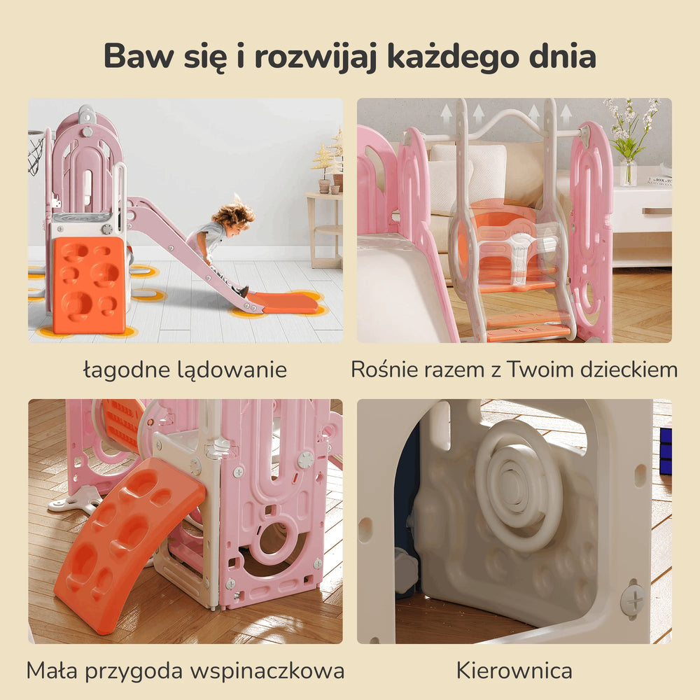 Plac zabaw dla dzieci 5w1 Lumpurini Gabriele różowy – zjeżdżalnia, huśtawka, kosz i wspinaczka
