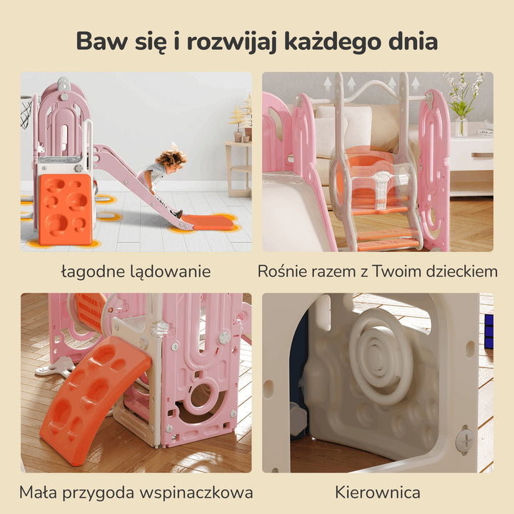 Plac zabaw dla dzieci 5w1 Lumpurini Gabriele różowy – zjeżdżalnia, huśtawka, kosz i wspinaczka