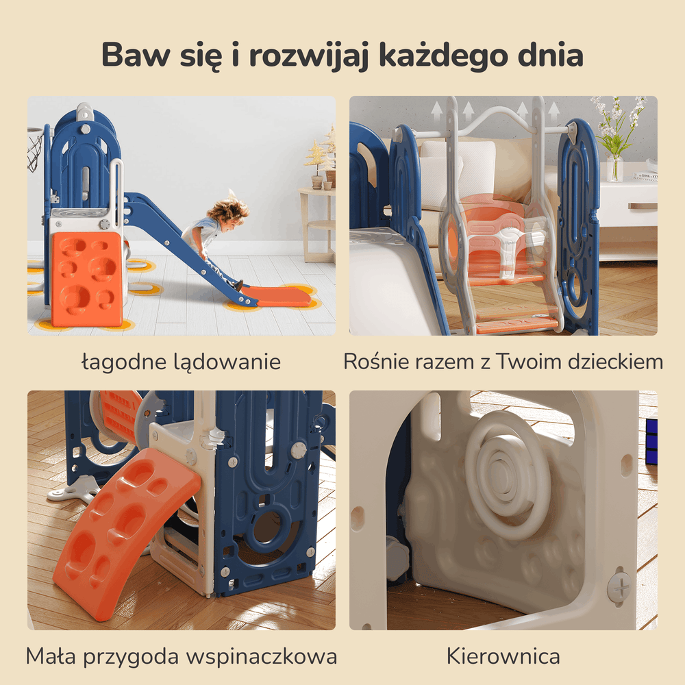 PLAC ZABAW DOMOWY DLA DZIECI 5W1 HUSTAWKA, ZJEŻDŻALNIA, KOSZ, WSPINACZKA