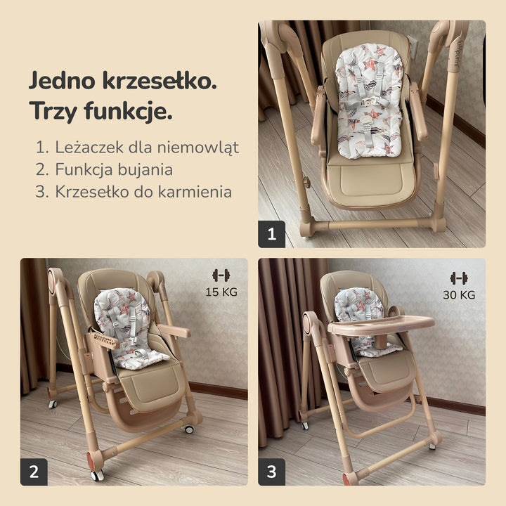 KRZESEŁKO DO KARMIENIA Z BUJACZKIEM LEŻACZKIEM REGULOWANE SKŁADANE 3W1