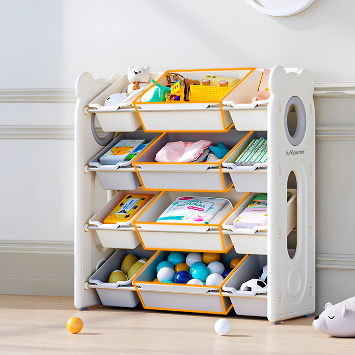 CHILDREN'S STORAGE RACK WITH PLASTIC BINS – LARGE TOY ORGANIZER – KIDS FURNITURE