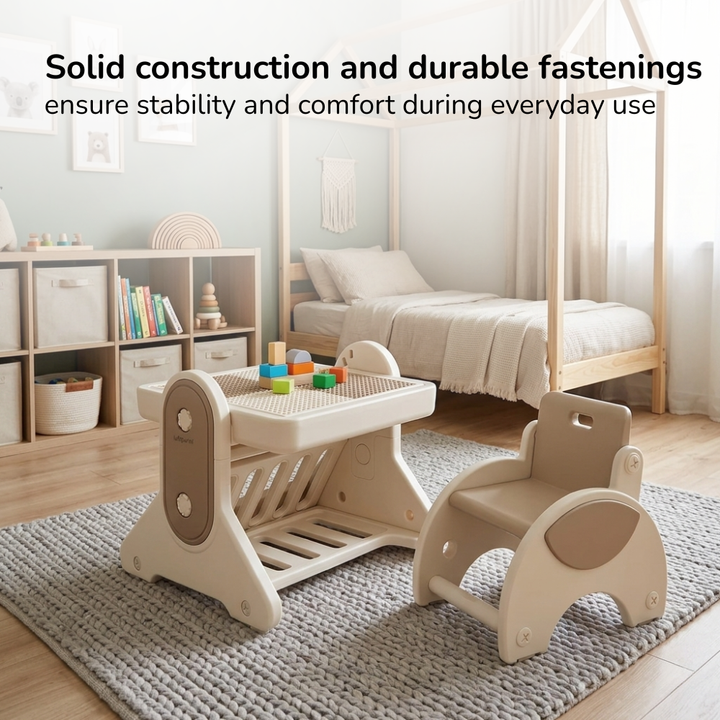 7-IN-1 EDUCATIONAL ACTIVITY TABLE WITH CHAIR – DRAWING BOARD & BUILDING BLOCK BASE