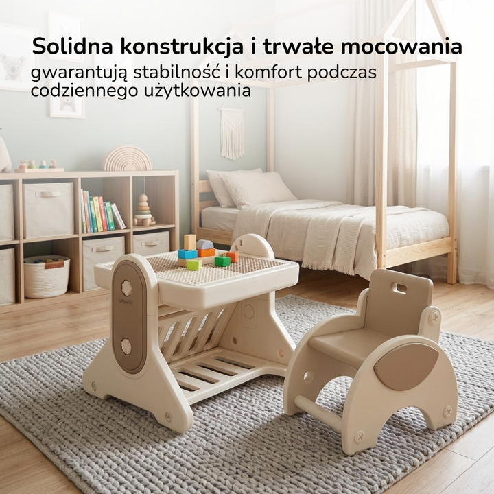 Stolik edukacyjny dla dzieci z krzesełkiem 7w1 Lumpurini Novillio – interaktywny, z tablicą i klockami