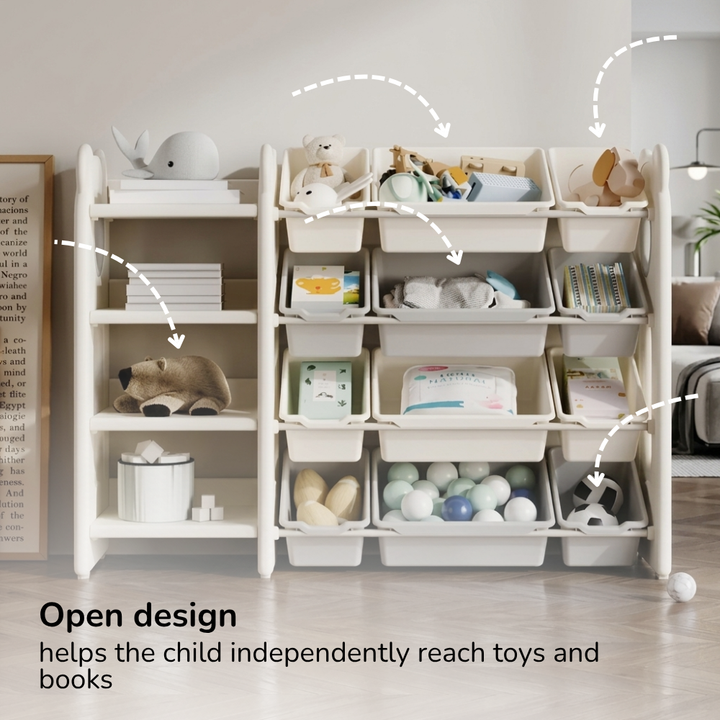 CHILDREN'S STORAGE RACK WITH PLASTIC BINS – LARGE TOY ORGANIZER – KIDS FURNITURE