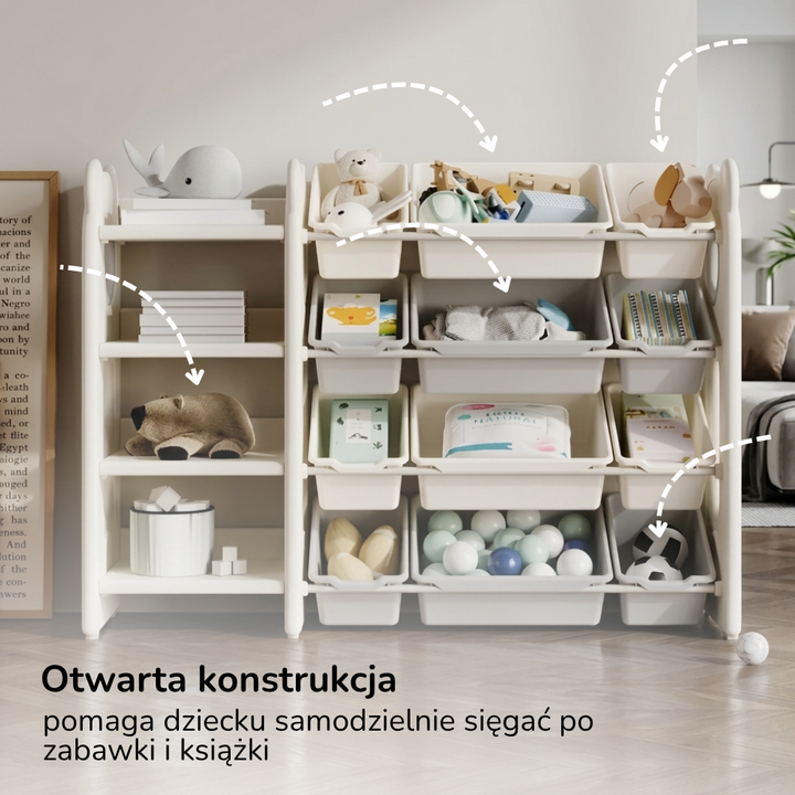Regał na zabawki i książki Lumpurini Brandano – organizer z 10 pojemnikami i 4 półkami
