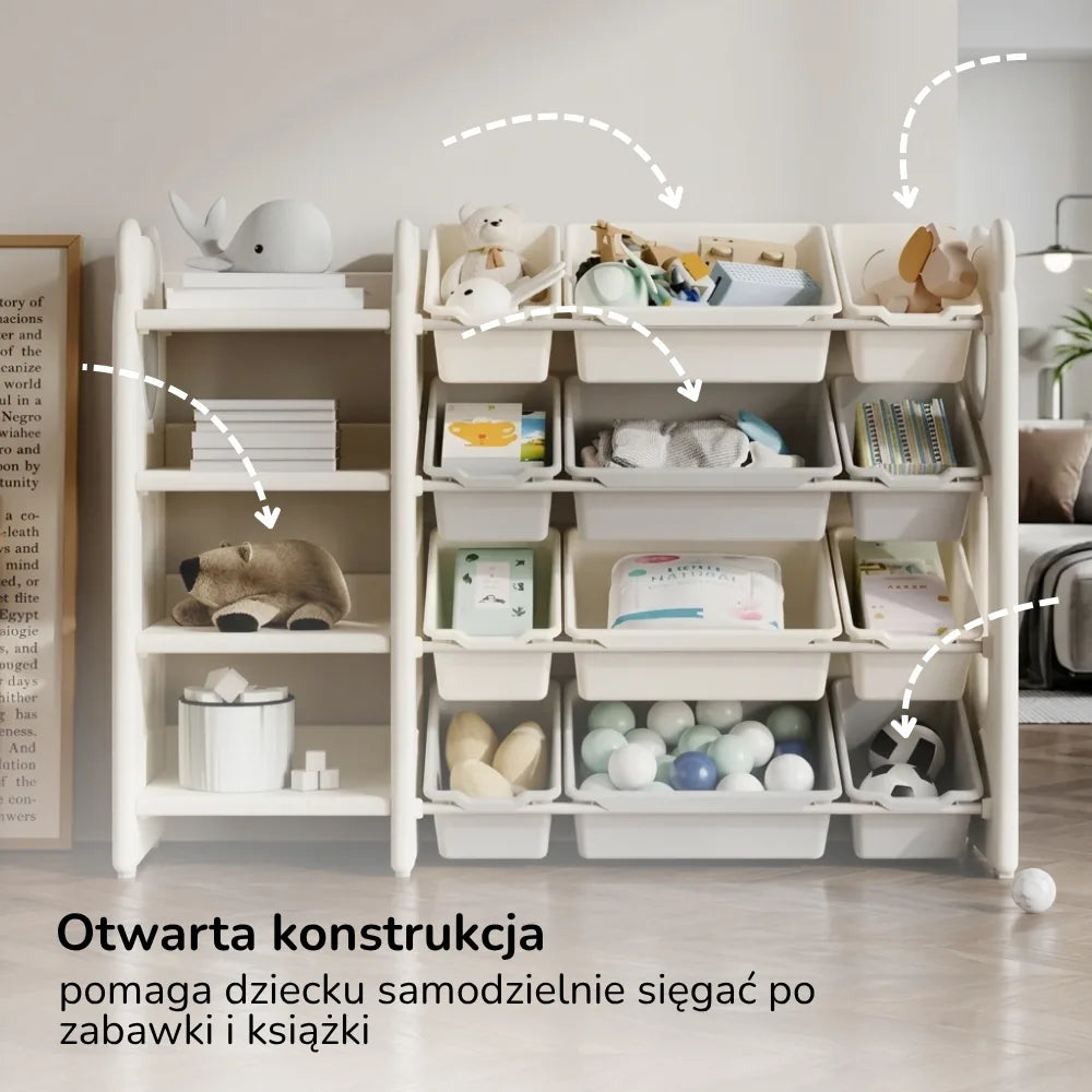 Regał na zabawki i książki Lumpurini Brandano – organizer z 10 pojemnikami i 4 półkami