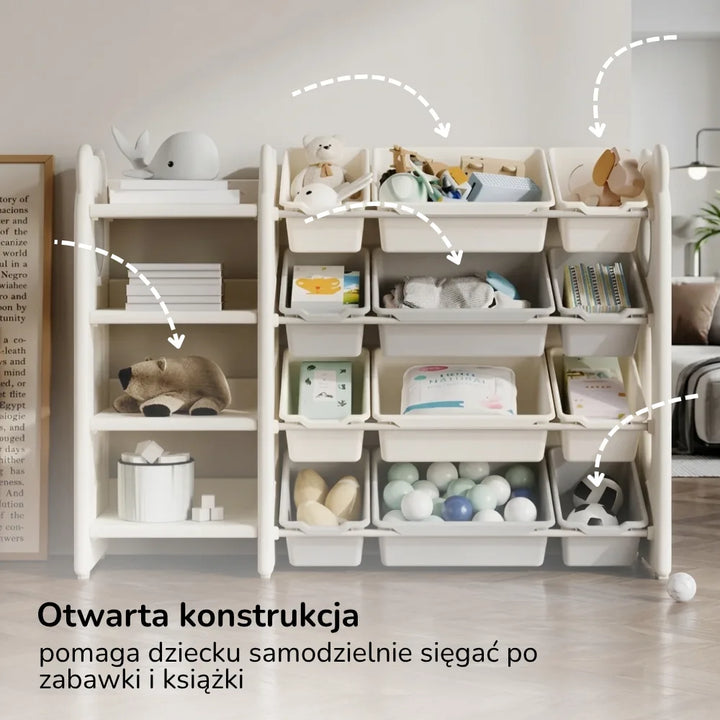 Regał na zabawki i książki Lumpurini Brandano – organizer z 10 pojemnikami i 4 półkami