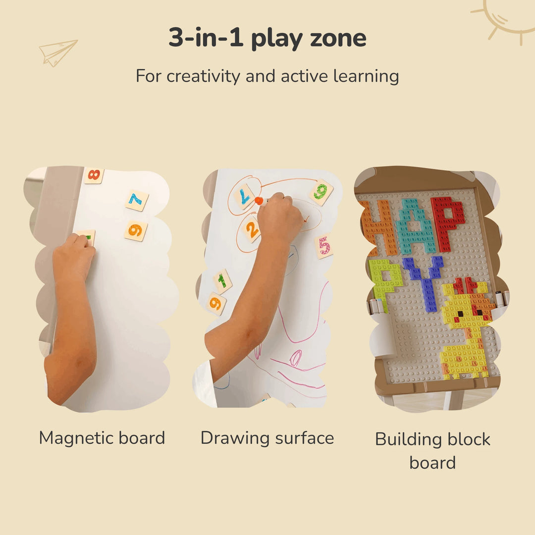 3-In-1 Double-Sided Magnetic Educational Board – Drawing + Building Blocks + Chair