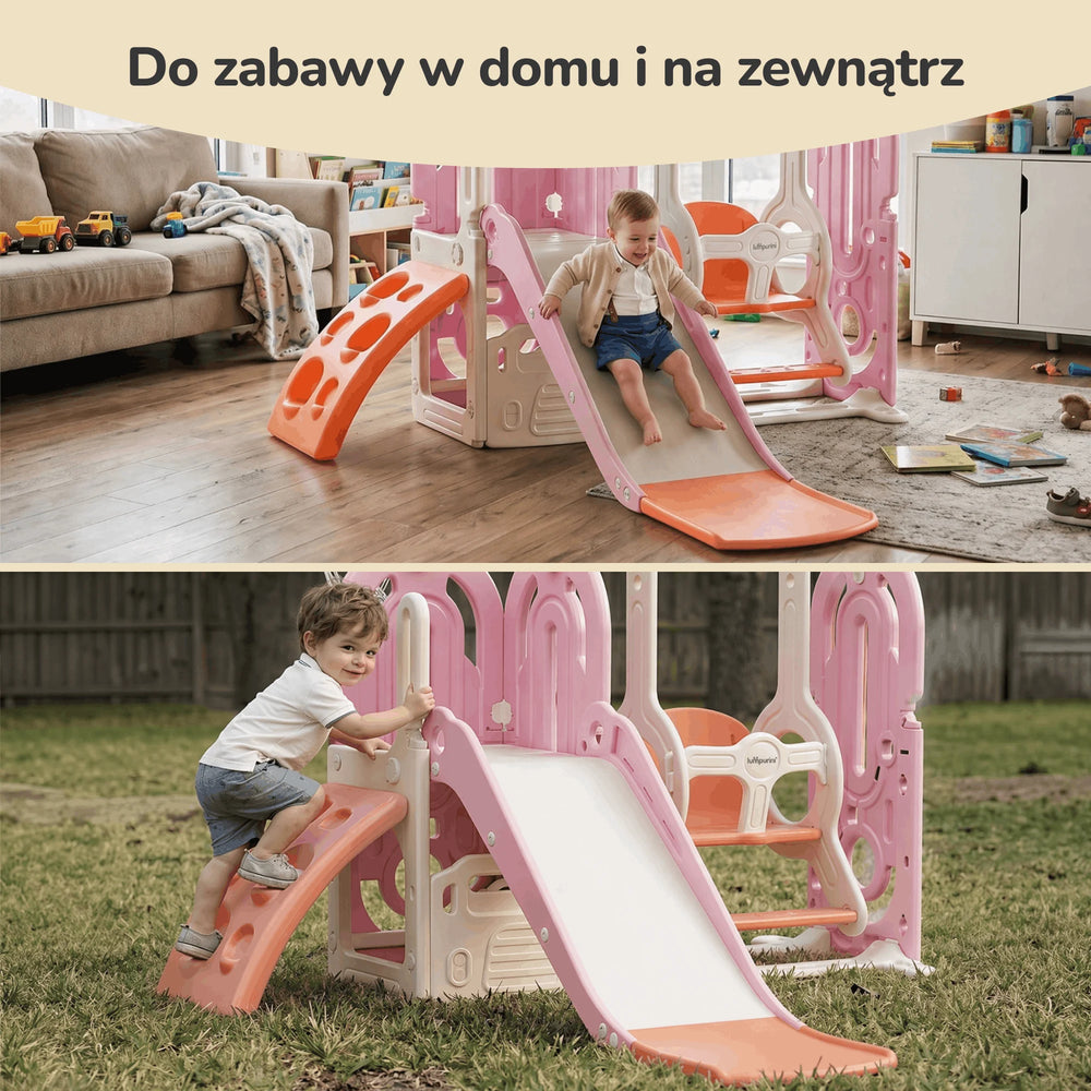 Plac zabaw dla dzieci 5w1 Lumpurini Gabriele różowy – zjeżdżalnia, huśtawka, kosz i wspinaczka