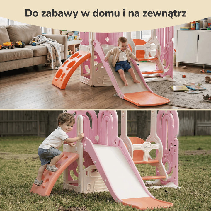 Plac zabaw dla dzieci 5w1 Lumpurini Gabriele różowy – zjeżdżalnia, huśtawka, kosz i wspinaczka