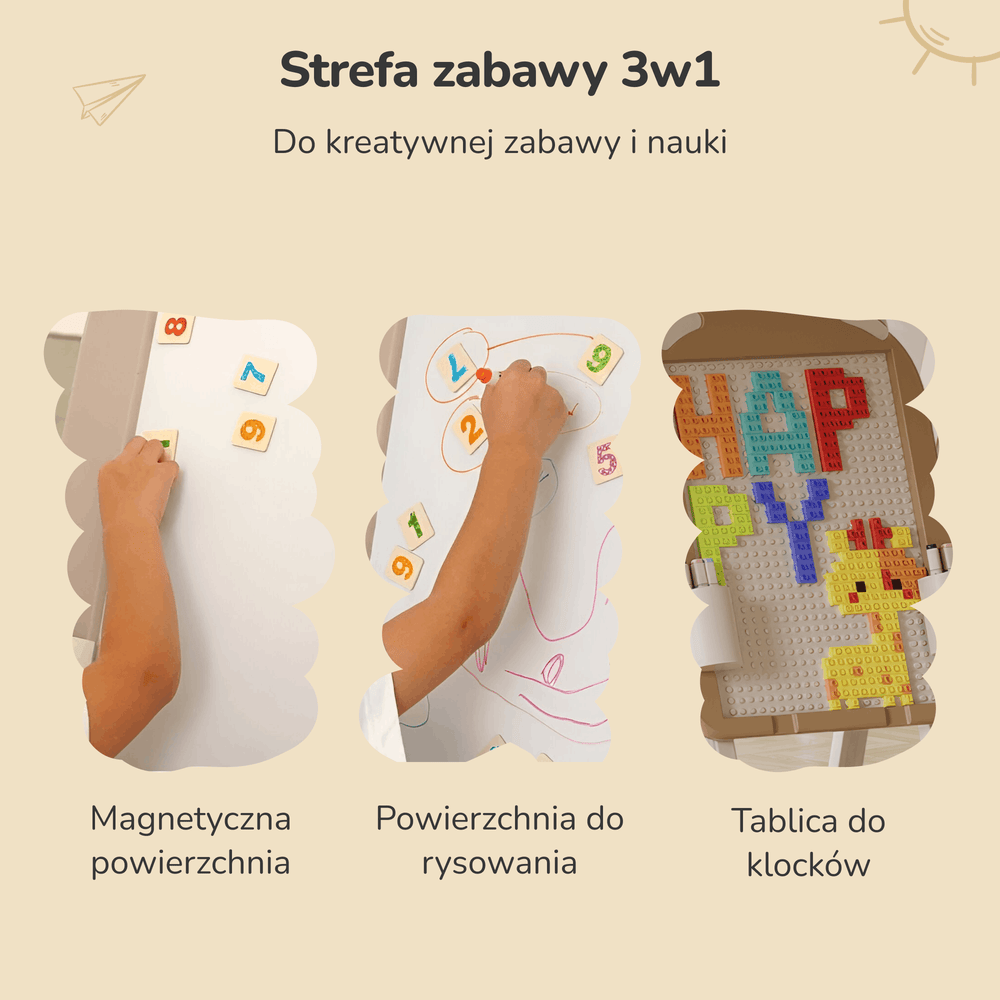 TABLICA EDUKACYJNA DWUSTRONNA MAGNETYCZNA 3W1 MALOWANIE + KLOCKI + KRZESŁO