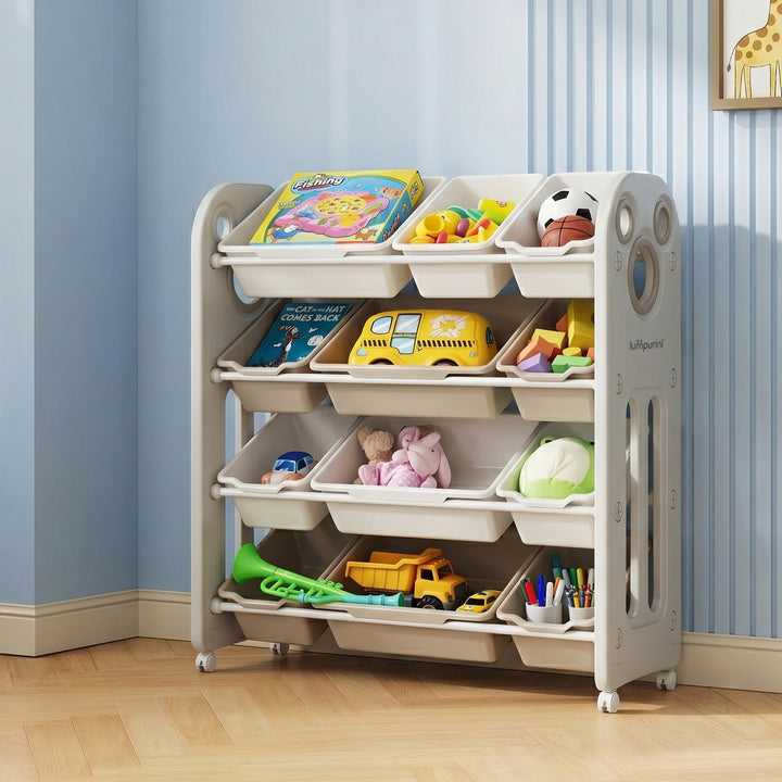 CHILDREN'S STORAGE RACK WITH PLASTIC BINS – LARGE TOY ORGANIZER – KIDS FURNITURE ON WHEELS