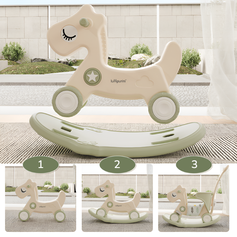 3-IN-1 KIDS' ROCKING HORSE RIDE-ON – ROCKER WITH 12 CM WHEELS, PUSH HANDLE & SOUND BUTTON