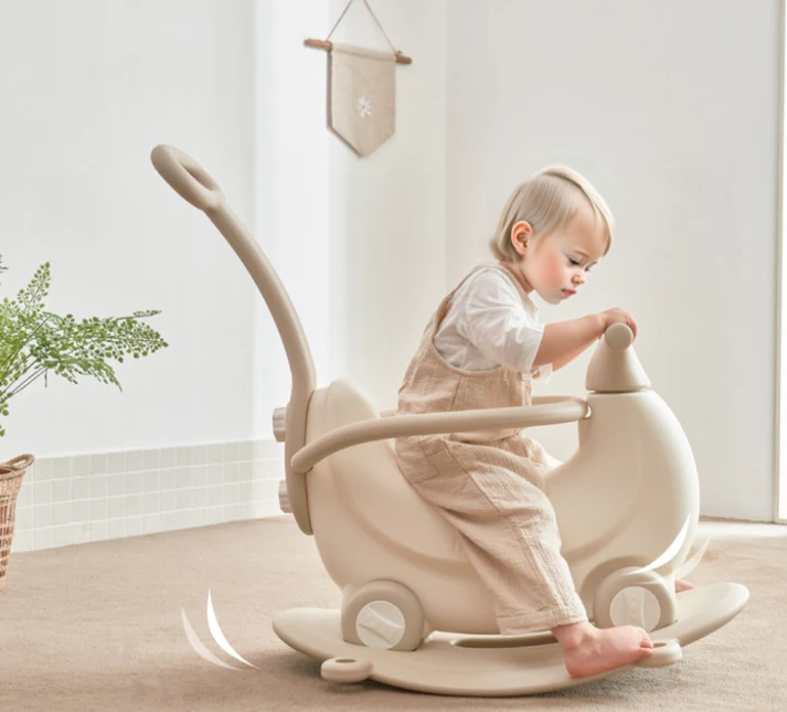 KIDS’ ROCKING HORSE RIDE-ON – ROCKER WITH WHEELS, SAFETY RAILS & PUSH HANDLE