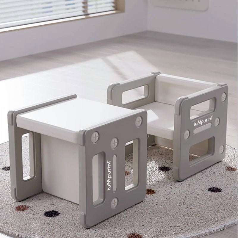 Lumpurini Dafne Due 5-in-1 Kids Transforming Table with Two Chairs —Desk, Bench, Stool & Shelf (Ages 1–8)