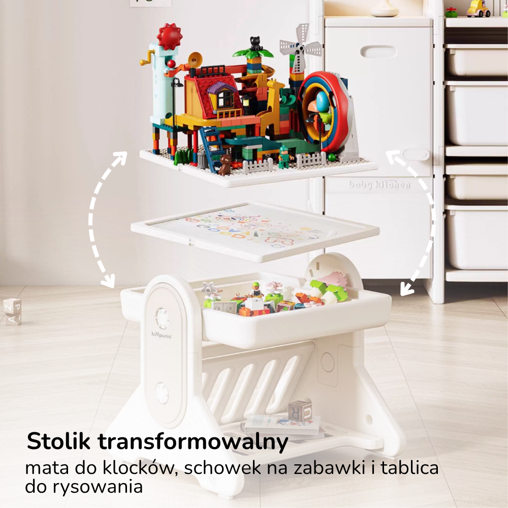 Stolik edukacyjny dla dzieci z krzesełkiem 7w1 Lumpurini Novillio – interaktywny, z tablicą i klockami