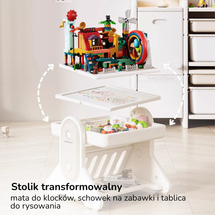 Stolik edukacyjny dla dzieci z krzesełkiem 7w1 Lumpurini Novillio – interaktywny, z tablicą i klockami
