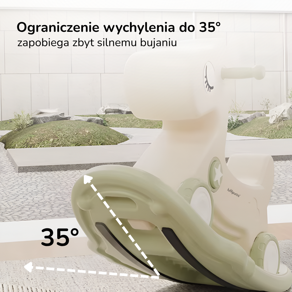Konik na biegunach 3w1 Lumpurini Stelviono – bujak z kółkami, oparciem, podnóżkami i dźwiękiem