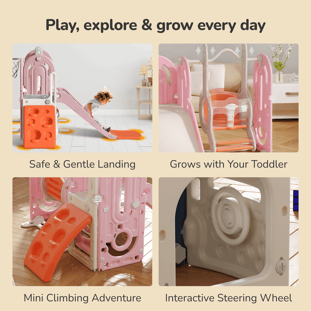 5-IN-1 HOME PLAYGROUND FOR KIDS: SWING, SLIDE, BASKETBALL, CLIMBING