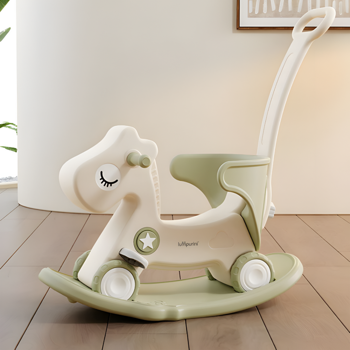 3-IN-1 KIDS' ROCKING HORSE RIDE-ON – ROCKER WITH 12 CM WHEELS, PUSH HANDLE & SOUND BUTTON