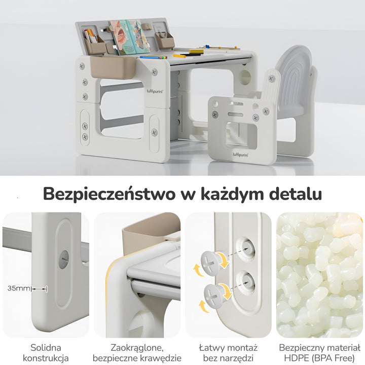 ZESTAW STOLIK I KRZESŁO DLA DZIECI 4W1 DESKA DO MALOWANIA KLOCKÓW ORGANIZER
