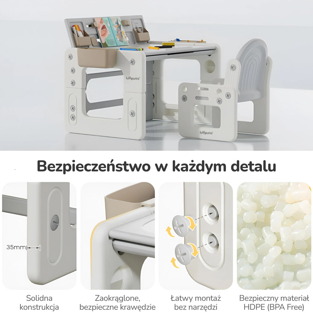 Stolik z krzesełkiem dla dzieci 4w1 Lumpurini Artemisio – biurko regulowane, sztaluga i tablica