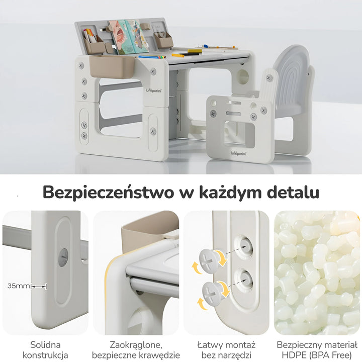Stolik z krzesełkiem dla dzieci 4w1 Lumpurini Artemisio – biurko regulowane, sztaluga i tablica