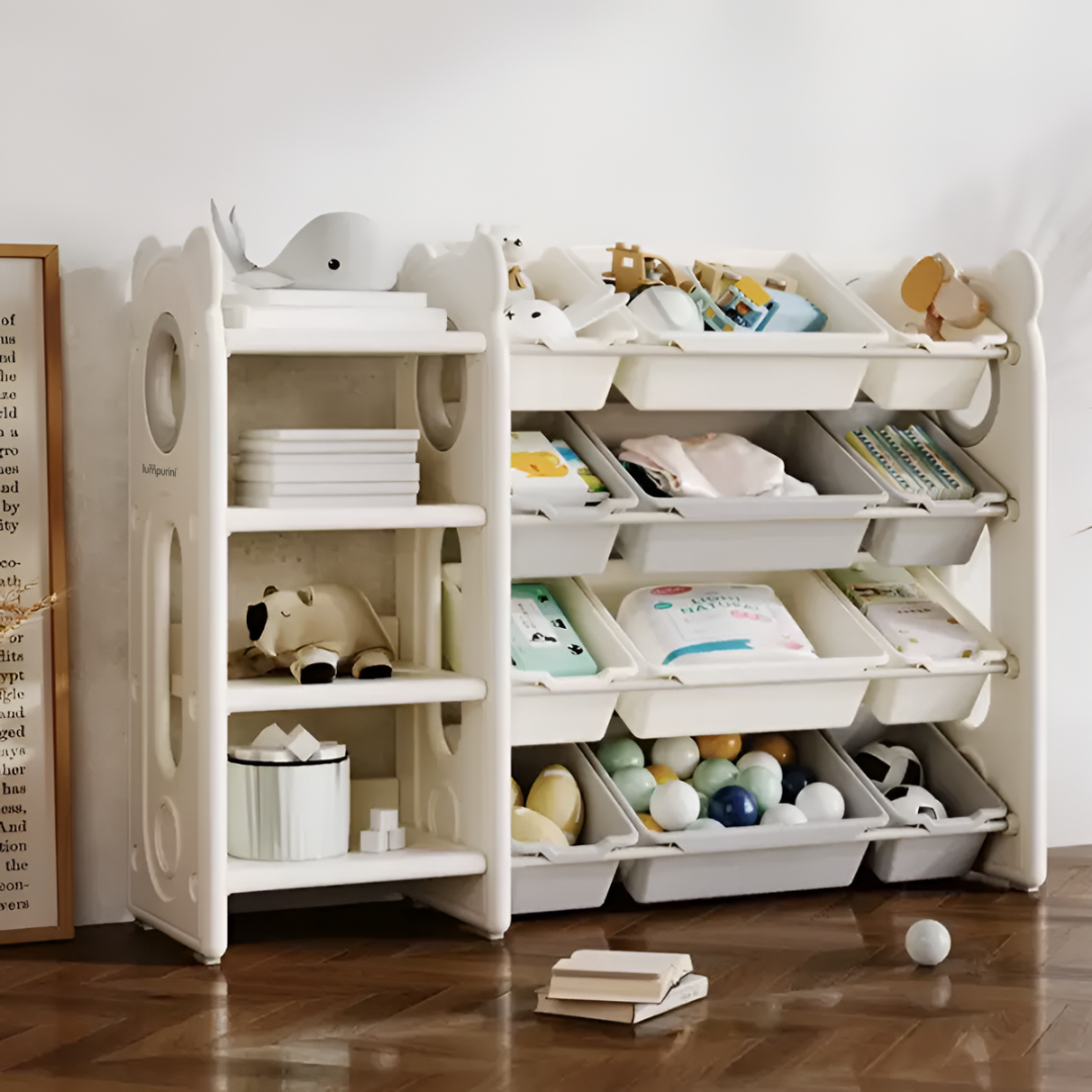CHILDREN'S STORAGE RACK WITH PLASTIC BINS – LARGE TOY ORGANIZER – KIDS FURNITURE