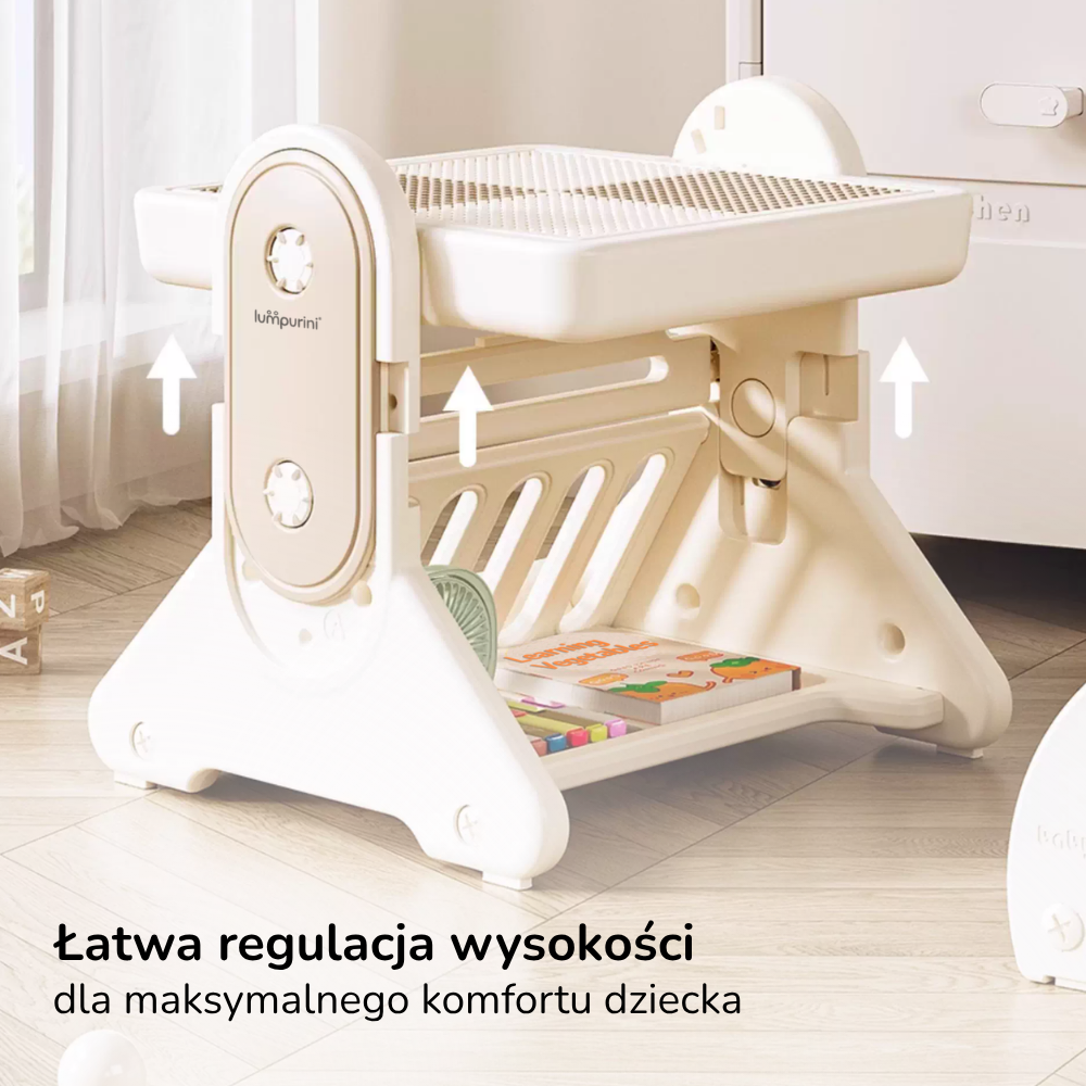 Stolik edukacyjny dla dzieci z krzesełkiem 7w1 Lumpurini Novillio – interaktywny, z tablicą i klockami