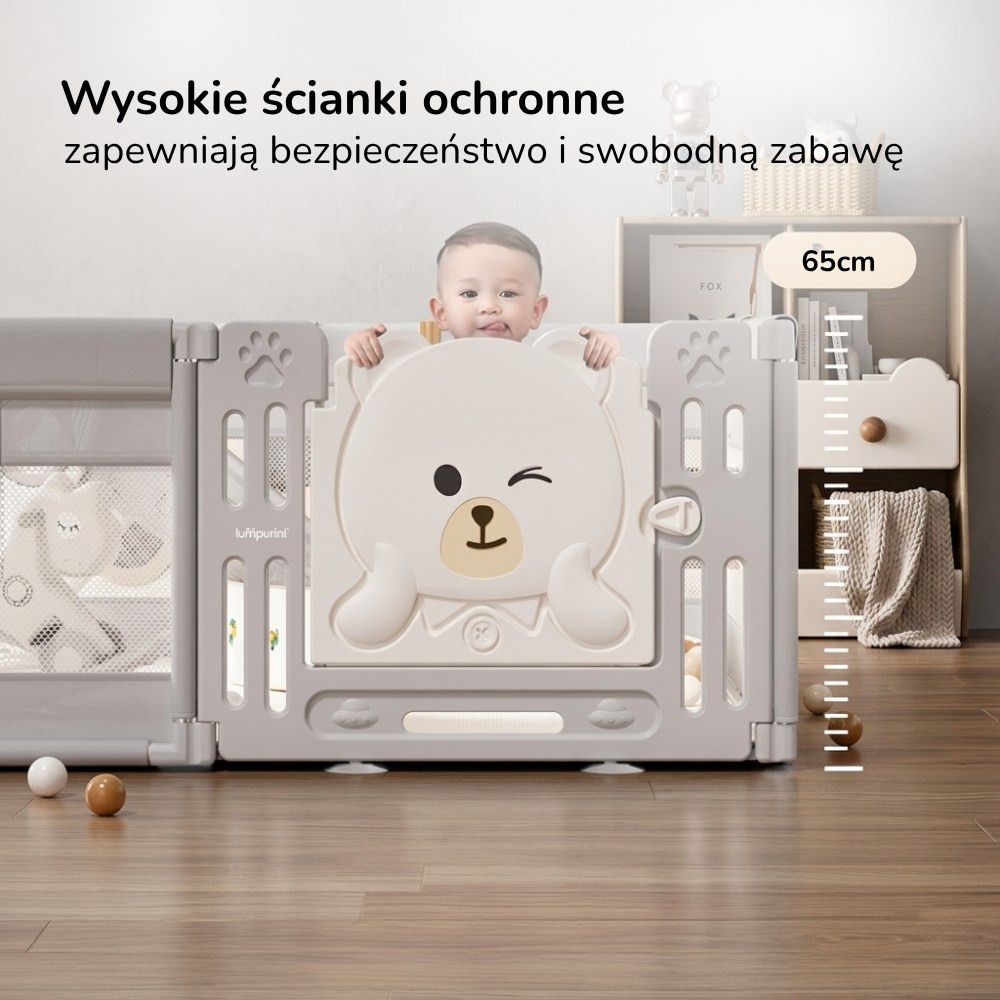 Kojec dla dziecka 150x180 Lumpurini Tindario L – duży plac zabaw z drzwiczkami i kieszenią na zabawki