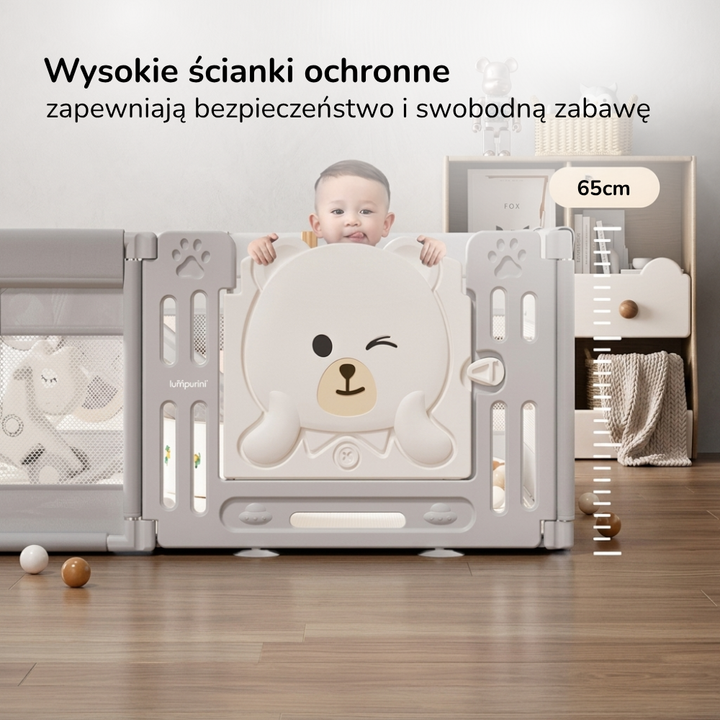 Kojec dla dziecka 150x180 Lumpurini Tindario L – duży plac zabaw z drzwiczkami i kieszenią na zabawki